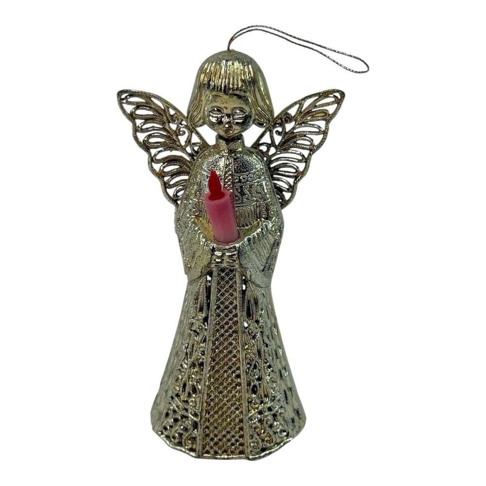 Vintage 1960s Gold Tone Plastic Filigree Angel Holding Candle 4" Xmas Ornament